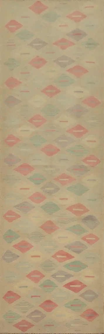 Geometric Handwoven Kilim Runner Rug 3x12 in Soft Hues