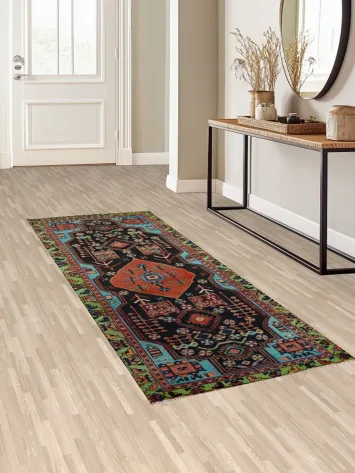 Black Geometric Hamedan Persian Runner Rug 3x9