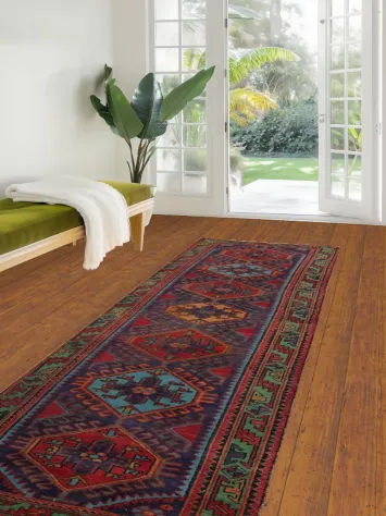 Blue Geometric Ardebil Persian Runner Rug 3x10