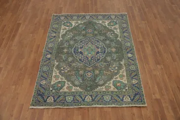 Handmade Green Floral Tabriz Persian Rug 5x6