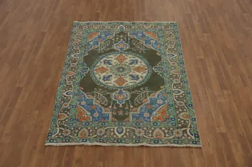 Green Wool Geometric Tabriz Persian Rug 5x6