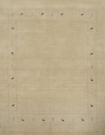 Timeless Beige Gabbeh Rug 8x8 Featuring Animal Motif Border