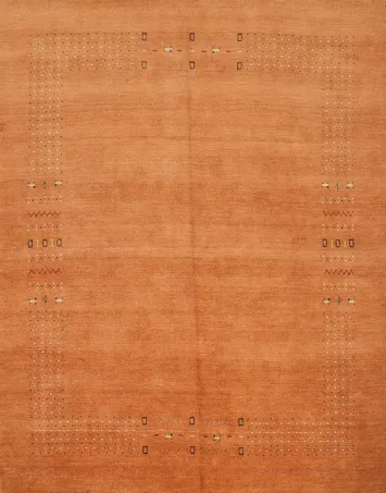 Elegant Terracotta Gabbeh Area Rug 8x8with Subtle Tribal Details and Charm
