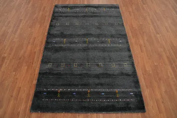 Elegant Charcoal Gabbeh Area Rug 5x8 with Intricate Tribal Patterns
