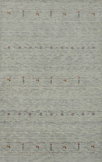 Ivory & Blue Handmade Gabbeh Wool Area Rug 5x8