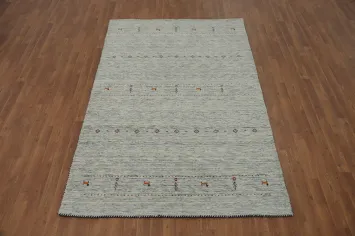 Ivory & Blue Handmade Gabbeh Wool Area Rug 5x8