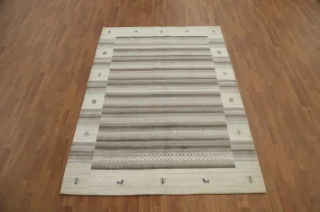 Neutral Toned Gabbeh Area Rug 5x8 with Intricate Tribal Design