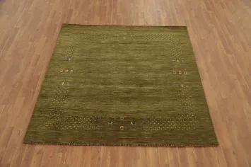 Olive Green Gabbeh Area Rug 6x6 Featuring Minimalist Patterns