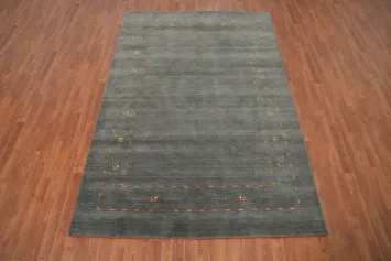 Minimalist Green Gabbeh Area Rug 6x9 with Delicate Border Details