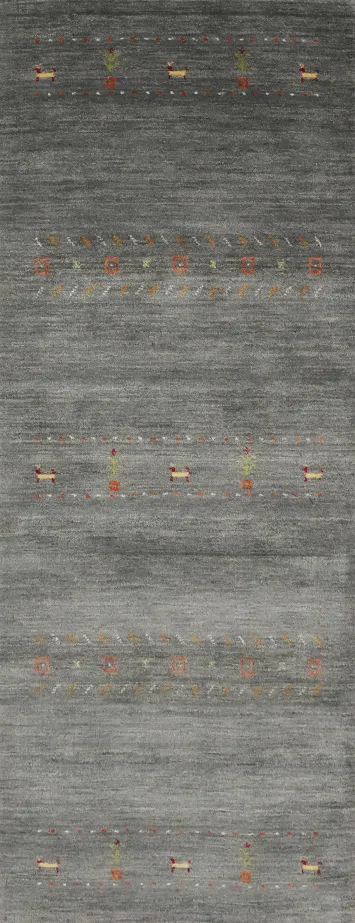Handmade Grey Gabbeh Runner Rug 3x7 With Intricate Animal Patters