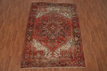 Vintage Geometric Heriz Vegetable Dye Persian Area Rug 7x9
