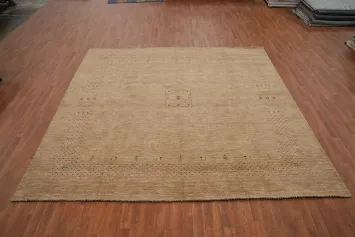 Sophisticated Beige Square Gabbeh Rug with Delicate Colorful Details 10x10