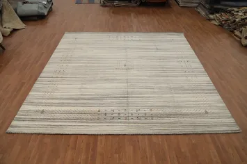 Neutral Toned Gabbeh Area Rug 10x10 with Artistic Linear Design Accents