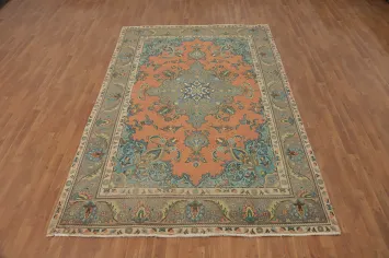 Elegant Coral and Blue Tabriz Persian Area Rug 7x10 with Intricate Design
