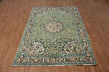 Green Floral Tabriz Persian Area Rug 7x9