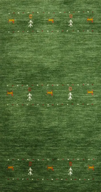 Green Gabbeh Rug 2x4 Featuring Intricate Embroidered Patterns