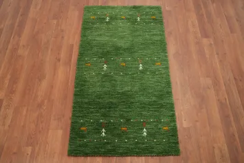 Green Gabbeh Rug 2x4 Featuring Intricate Embroidered Patterns