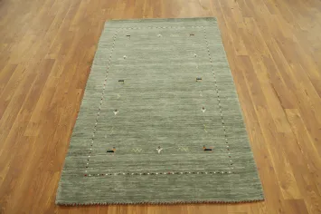 Elegant Green Gabbeh Rug 3x5 with Subtle Borders and Intricate Patterns
