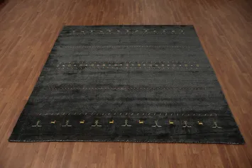 Stylish Gabbeh Area Rug 8x8 in Deep Charcoal with Subdued Tribal Details