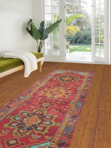 Red Geometric Ardebil Persian Runner Rug 3x10