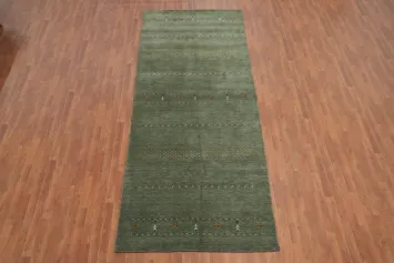Elegant Green Gabbeh Area Rug 5x12 with Subtle Pattern