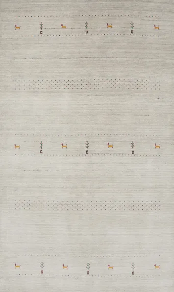Minimalistic Gabbeh Area Rug 5x8 with Simplistic Animal Embroidery