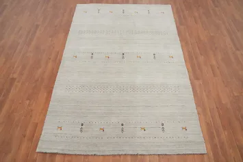 Minimalistic Gabbeh Area Rug 5x8 with Simplistic Animal Embroidery