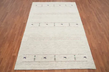 Minimalist Gabbeh Area Rug 5x8 with Embroidered Animal Motifs
