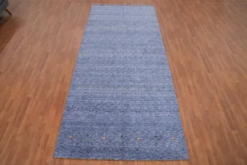 Handcrafted Blue Gabbeh Area Rug 5x12 with Subtle Geometric Pattern