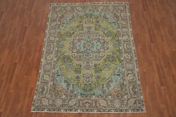 Green Geometric Wool Tabriz Persian Area Rug 6x9