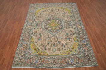 Vintage Geometric Tabriz Persian Area Rug 7x9