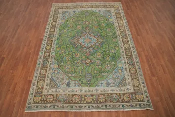 Vintage Green Wool Tabriz Persian Area Rug 6x9