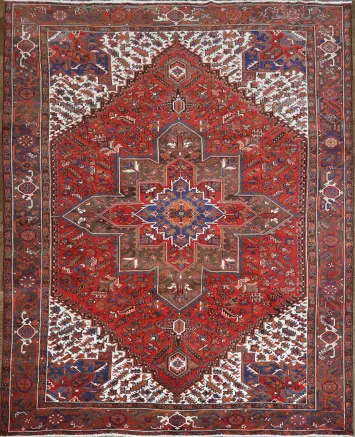 Vegetable Dye Geometric Red and Ivory Heriz Persian Area Rug 10x12