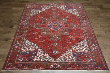 Vegetable Dye Geometric Red and Ivory Heriz Persian Area Rug 10x12
