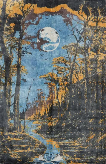 Enchanting Woodland Nightscape Rug 6x8 with Moonlit Stream