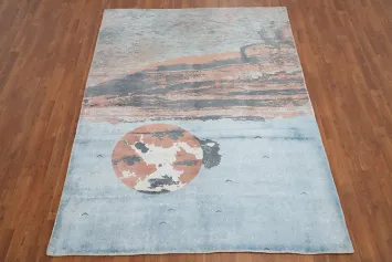 Peaceful Seascape Handmade Rug 6x7 Featuring Rising Sun Design