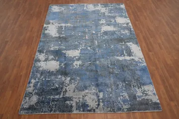 Modern Distressed Look Abstract Blue Area Rug 7x10