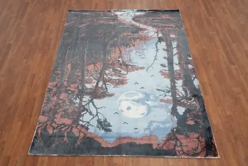 Mystical Forest Area Rug 6x8 with Moonlit Nightscape Artwork