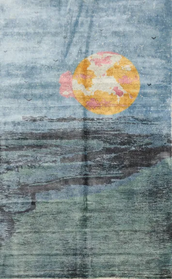 Elegant Coastal Landscape Rug 5x8 with Sun and Clouds Design