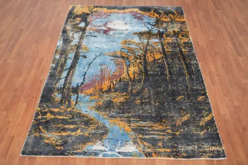 Dreamy Forest Scene with Full Moon and River Modern Area Rug 6x8
