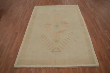 Muted Geometric Pattern Wool Kilim Rug 5x7 for Subtle Elegance