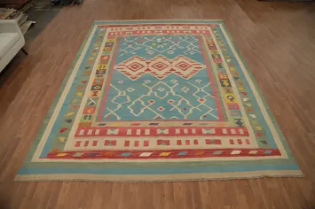 Blue Geometric Wool Kilim Vegetable Dye Area Rug 10x13