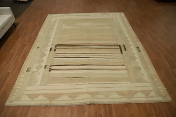 Elegant Beige Kilim Area Rug 9x12 with Geometric and Stripe Patterns