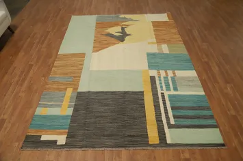Modern Abstract Kilim Area Rug 7x10 with Earthy Tones Design