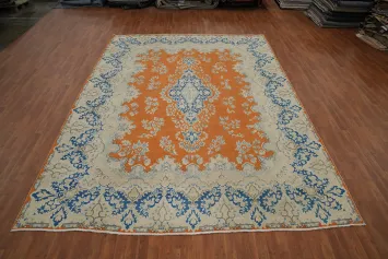 Orange Floral Wool Kerman Persian Vegetable Dye Rug 10x13