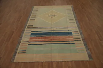 Artisan Kilim Area Rug 7x10 with Bold Stripes and Diamond Center