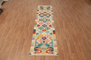 Geometric Wool Kilim Vegetable Dye Runner Rug 3x10