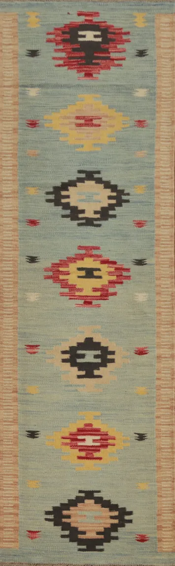 Blue Geometric Kilim Flat Weave Runner Rug 2x8