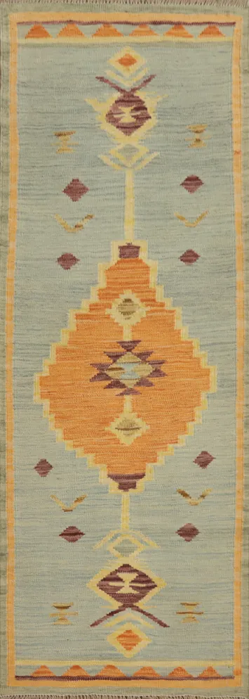 Muted Color Wool Kilim Vegetable Dye Runner Rug 2x6