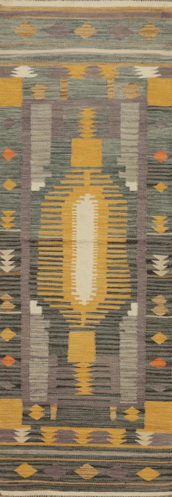 Capture Artistry with a Geometric Kilim Runner Rug 2x8 in Muted Tones